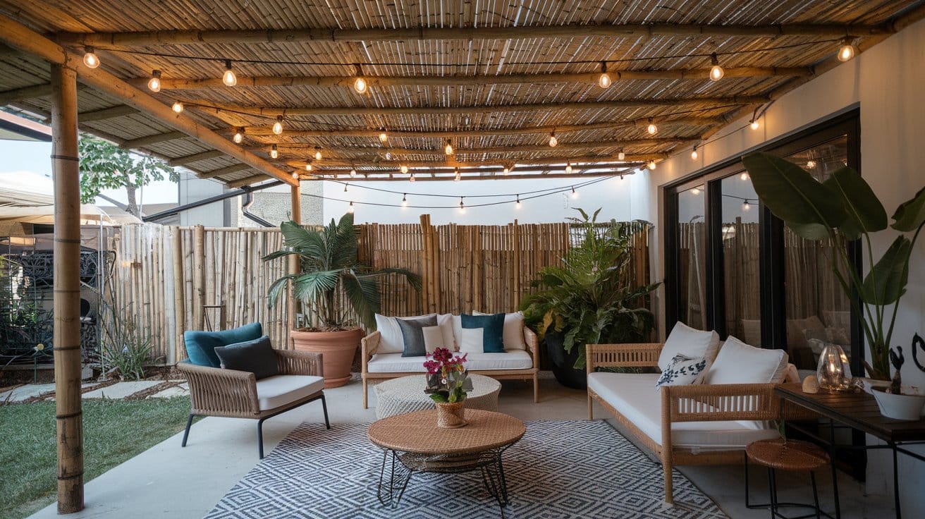 a patio with a bamboo roof that has been personalized with some string lights and potted plants