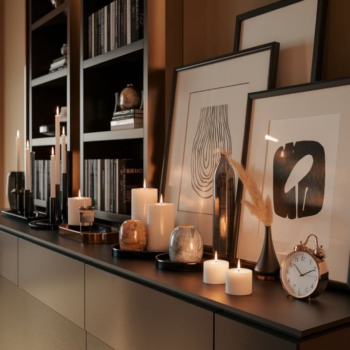 photo of a collection of elegant home accessories on a sleek console table. There are candles, decorative vases, framed artwork, stylish clocks, and modern bookshelves