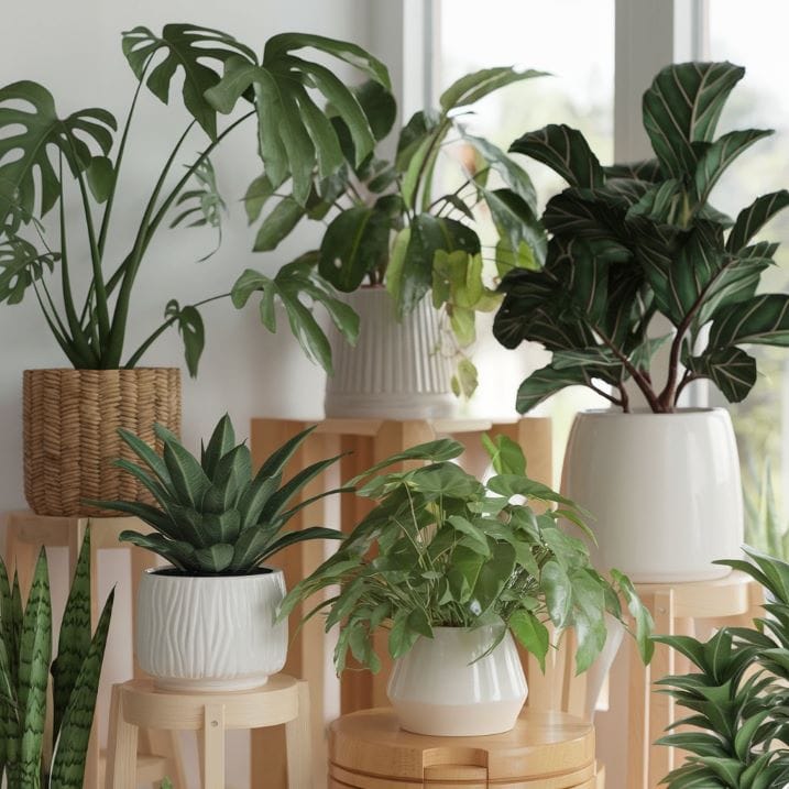  bright, modern space filled with lush indoor plants in stylish ceramic and woven planters