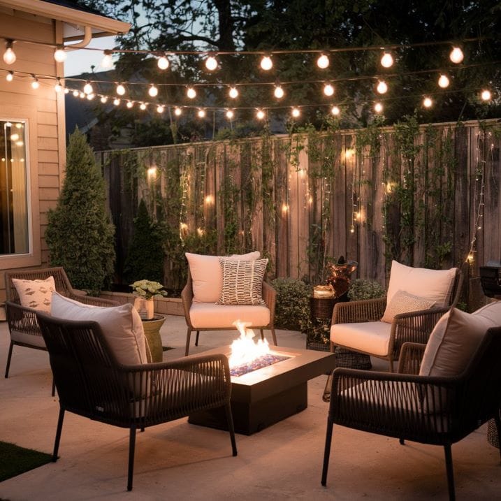 an outdoor patio with lounge furniture, warm string lights, lush greenery, and a cozy fire pit.