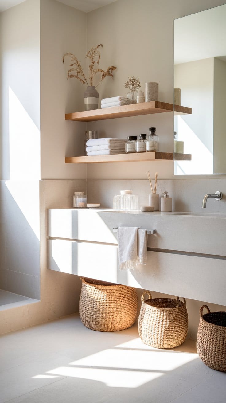  Scandinavian-style bathroom with a clutter-free look. There is a floating wooden shelf with neatly arranged towels, glass jars, and minimalist decor